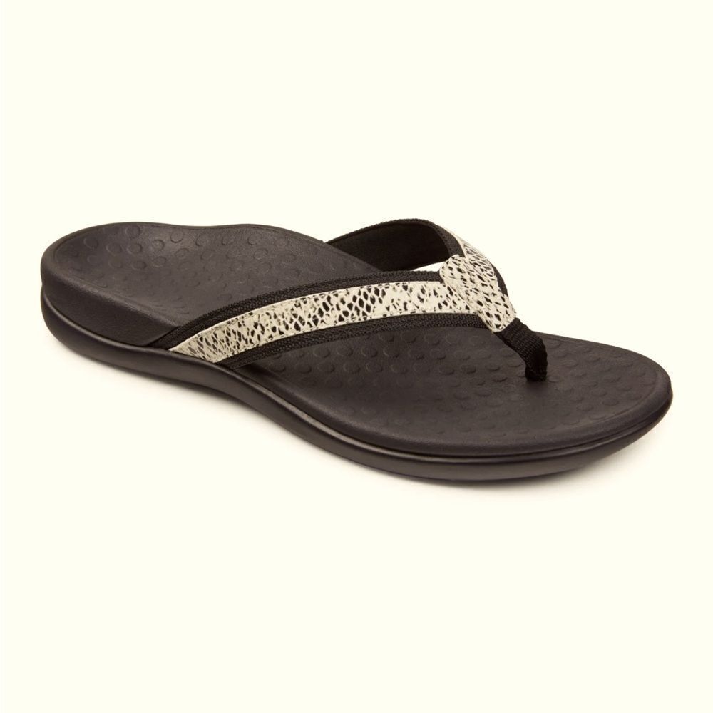 Vionic Tide II Toe Post Black Brown Snakeskin Print Strap Arch Support Sandals